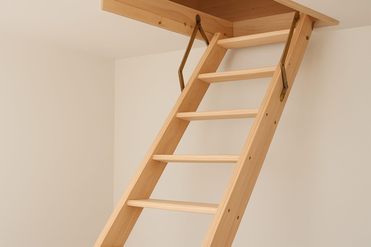 A wooden loft ladder leading up to an attic space with a clean white wall in the background.